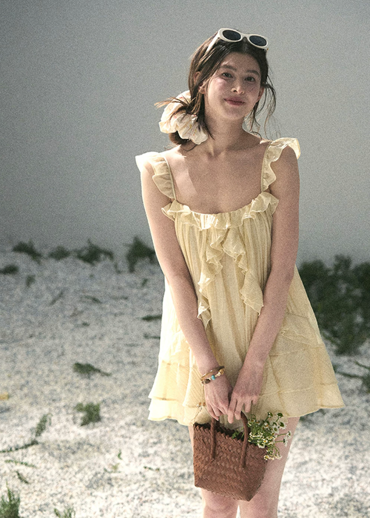 yellow mini dress, babydoll dress, ruffle mini dress, korean fashion dress, feminine summer dress, seaside vacation dress, soft girl mini dress, romantic yellow dress, aomalm dress, lightweight summer dress