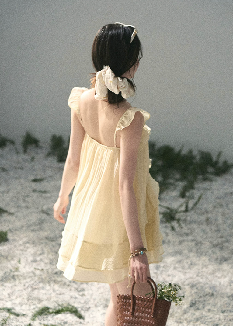 yellow mini dress, babydoll dress, ruffle mini dress, korean fashion dress, feminine summer dress, seaside vacation dress, soft girl mini dress, romantic yellow dress, aomalm dress, lightweight summer dress