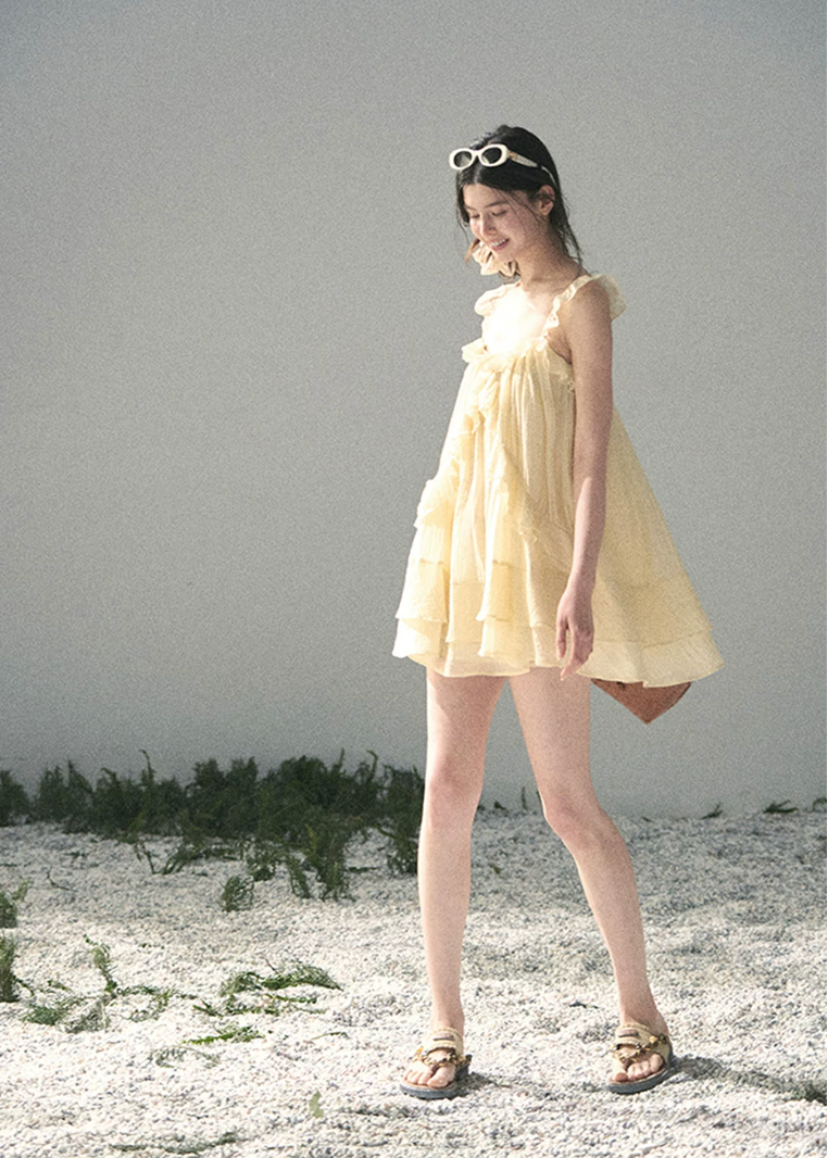 yellow mini dress, babydoll dress, ruffle mini dress, korean fashion dress, feminine summer dress, seaside vacation dress, soft girl mini dress, romantic yellow dress, aomalm dress, lightweight summer dress