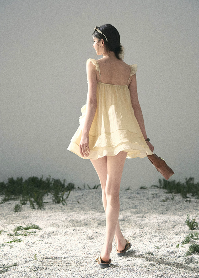 yellow mini dress, babydoll dress, ruffle mini dress, korean fashion dress, feminine summer dress, seaside vacation dress, soft girl mini dress, romantic yellow dress, aomalm dress, lightweight summer dress