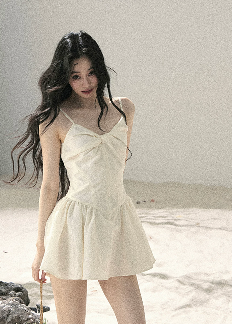 ivory mini dress set, sheer shawl dress, camisole mini dress, french style dress, korean fashion dress, romantic summer dress, feminine mini dress, elegant two piece dress set, aomalm dress, soft girl summer outfit