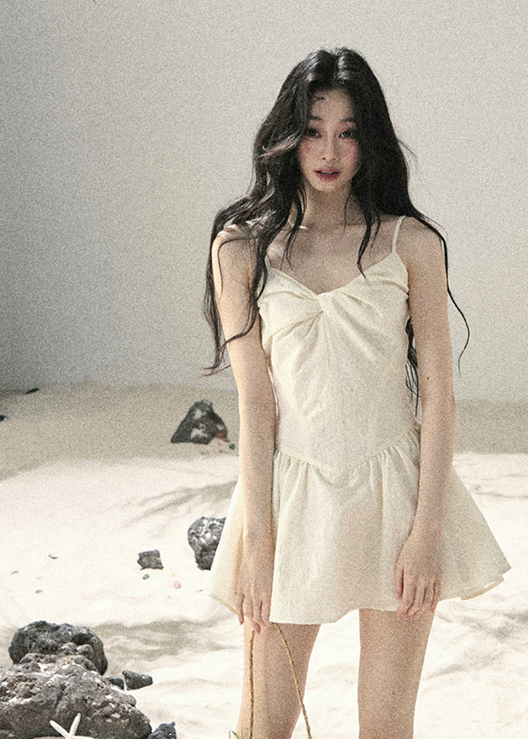 ivory mini dress set, sheer shawl dress, camisole mini dress, french style dress, korean fashion dress, romantic summer dress, feminine mini dress, elegant two piece dress set, aomalm dress, soft girl summer outfit