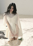 ivory mini dress set, sheer shawl dress, camisole mini dress, french style dress, korean fashion dress, romantic summer dress, feminine mini dress, elegant two piece dress set, aomalm dress, soft girl summer outfit