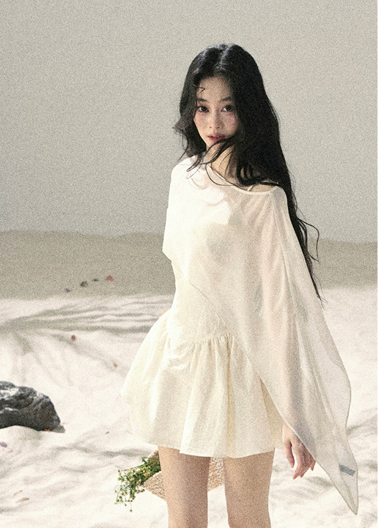 ivory mini dress set, sheer shawl dress, camisole mini dress, french style dress, korean fashion dress, romantic summer dress, feminine mini dress, elegant two piece dress set, aomalm dress, soft girl summer outfit