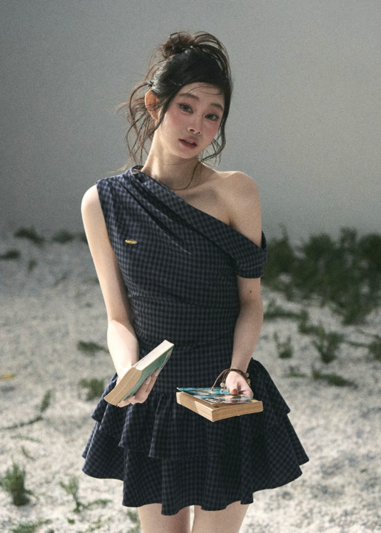 Moonlight Wooden Bell Plaid Mini Dress – nowa