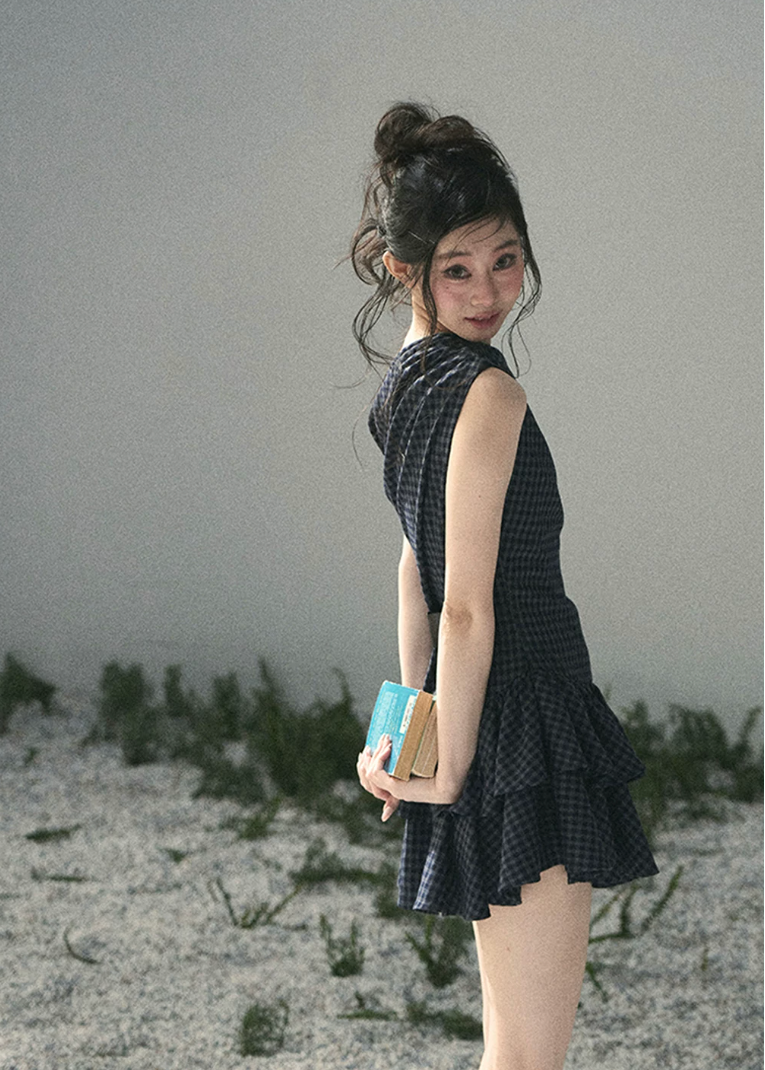 aomalm plaid dress, one shoulder mini dress, off shoulder summer dress, korean feminine dress, elegant plaid mini dress, french style summer dress, romantic mini dress, cake dress women, asymmetrical neckline dress, fitted plaid dress, date night summer dress, chic summer mini dress