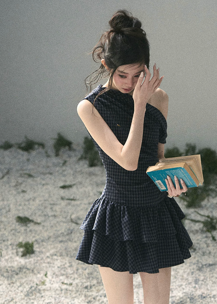 aomalm plaid dress, one shoulder mini dress, off shoulder summer dress, korean feminine dress, elegant plaid mini dress, french style summer dress, romantic mini dress, cake dress women, asymmetrical neckline dress, fitted plaid dress, date night summer dress, chic summer mini dress