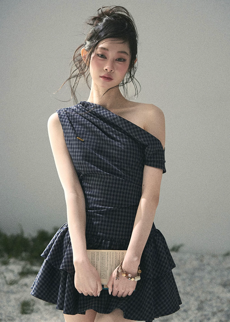 aomalm plaid dress, one shoulder mini dress, off shoulder summer dress, korean feminine dress, elegant plaid mini dress, french style summer dress, romantic mini dress, cake dress women, asymmetrical neckline dress, fitted plaid dress, date night summer dress, chic summer mini dress