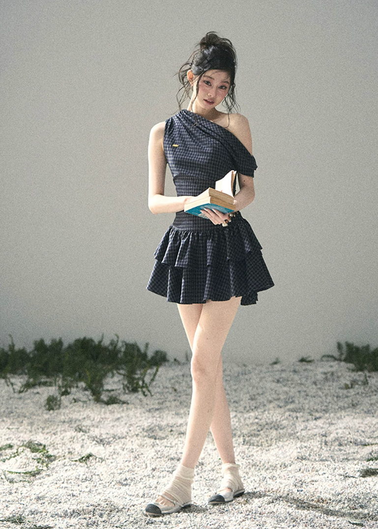 aomalm plaid dress, one shoulder mini dress, off shoulder summer dress, korean feminine dress, elegant plaid mini dress, french style summer dress, romantic mini dress, cake dress women, asymmetrical neckline dress, fitted plaid dress, date night summer dress, chic summer mini dress