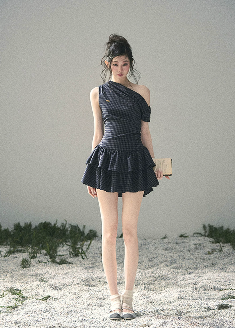 aomalm plaid dress, one shoulder mini dress, off shoulder summer dress, korean feminine dress, elegant plaid mini dress, french style summer dress, romantic mini dress, cake dress women, asymmetrical neckline dress, fitted plaid dress, date night summer dress, chic summer mini dress
