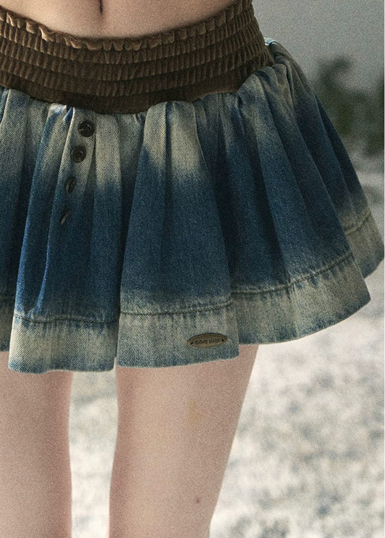 aomalm skirt, denim mini skirt, gradient denim skirt, puffy mini skirt, korean fashion skirt, a line denim skirt, smocked waist skirt, summer denim skirt, feminine korean outfit, blue mini skirt women, casual summer skirt, cute denim skirt