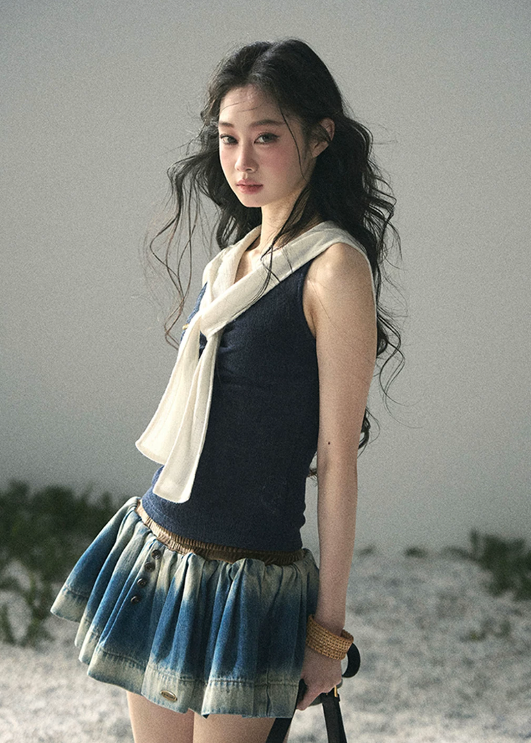 aomalm skirt, denim mini skirt, gradient denim skirt, puffy mini skirt, korean fashion skirt, a line denim skirt, smocked waist skirt, summer denim skirt, feminine korean outfit, blue mini skirt women, casual summer skirt, cute denim skirt