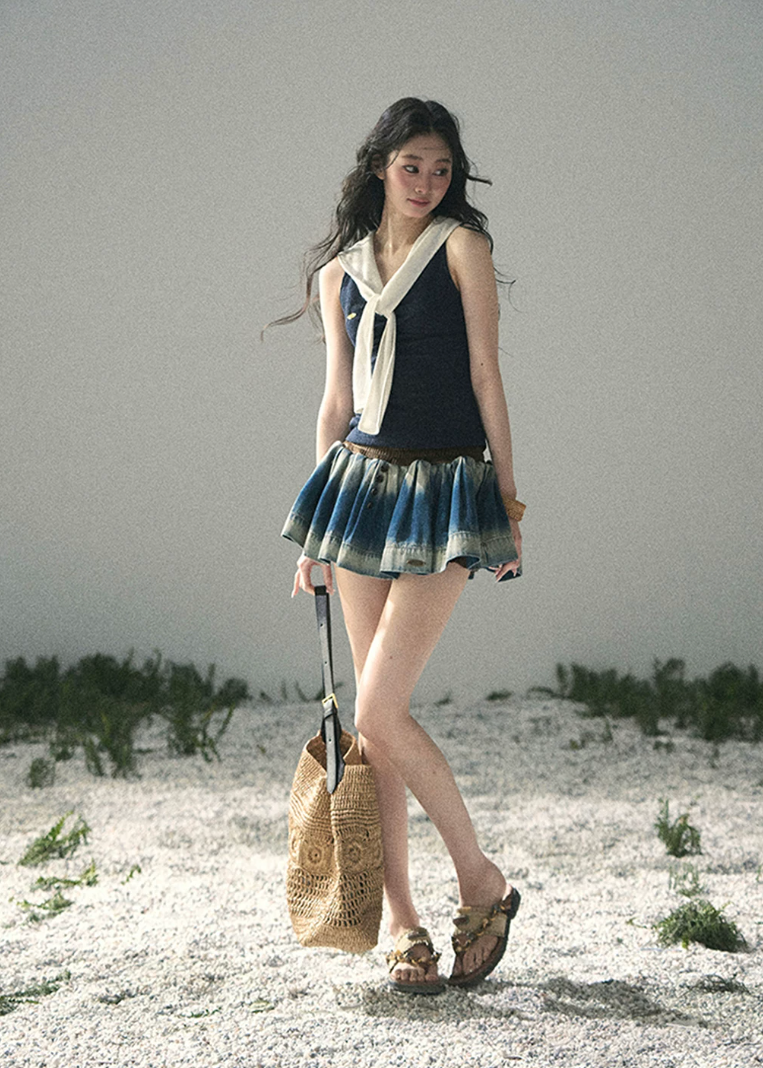 aomalm skirt, denim mini skirt, gradient denim skirt, puffy mini skirt, korean fashion skirt, a line denim skirt, smocked waist skirt, summer denim skirt, feminine korean outfit, blue mini skirt women, casual summer skirt, cute denim skirt