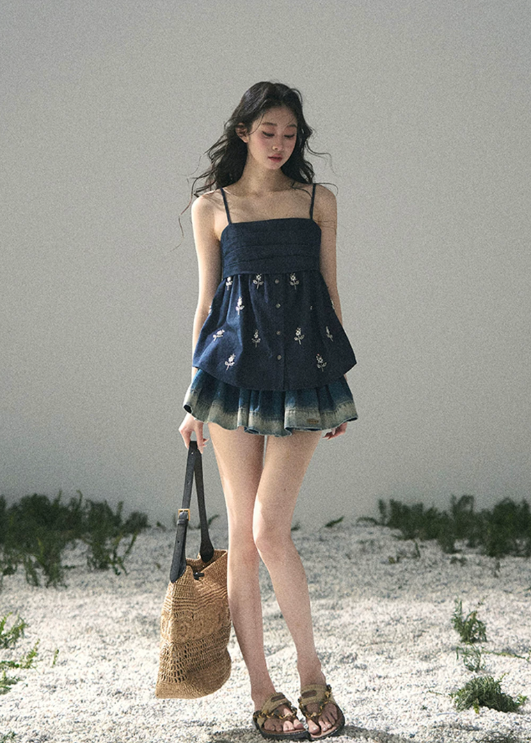 aomalm skirt, denim mini skirt, gradient denim skirt, puffy mini skirt, korean fashion skirt, a line denim skirt, smocked waist skirt, summer denim skirt, feminine korean outfit, blue mini skirt women, casual summer skirt, cute denim skirt