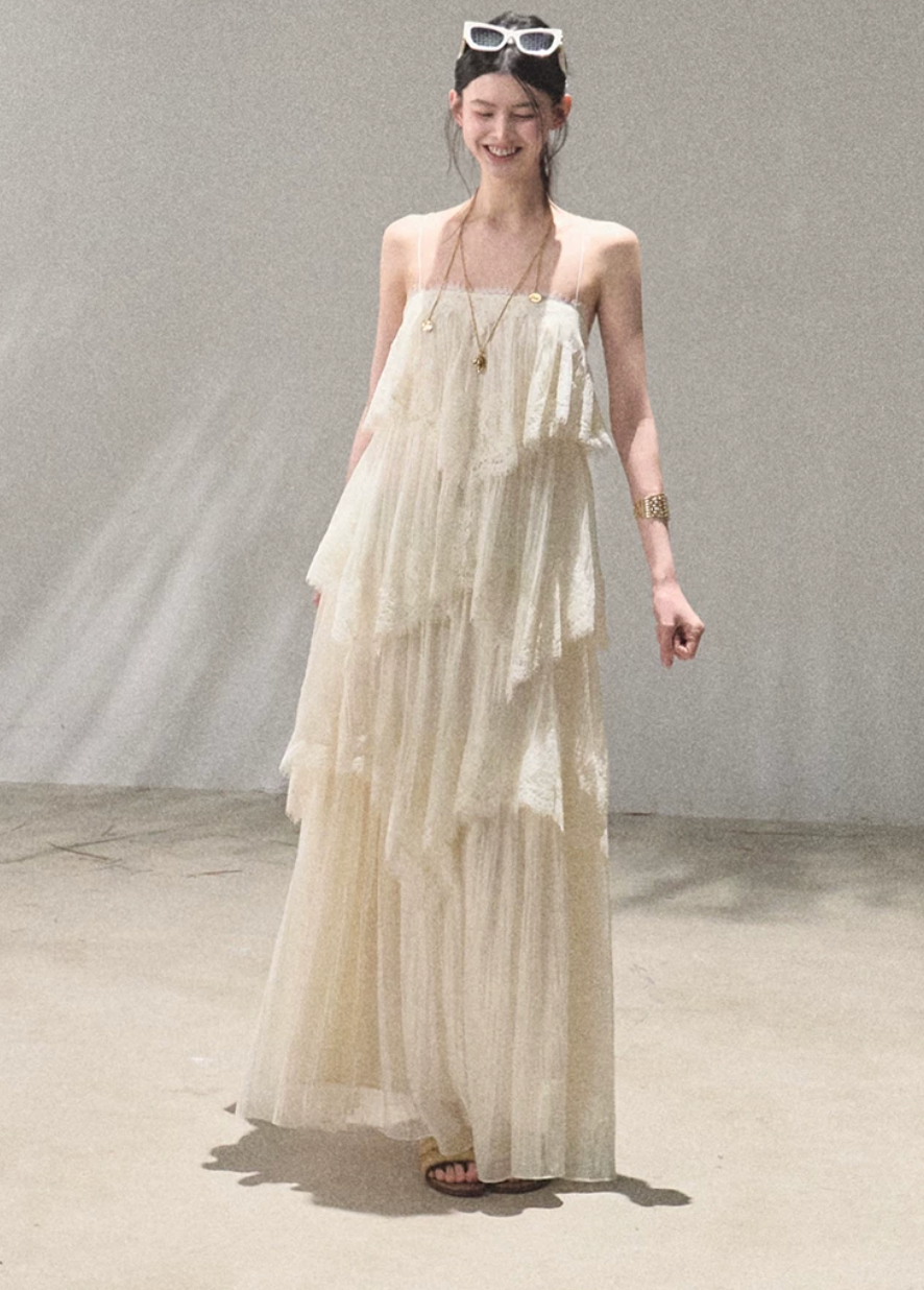 oakmoo dress, lace tiered dress, backless spaghetti strap dress, seaside vacation dress, lace maxi dress, korean fashion dress, romantic summer dress, ivory lace dress, brown lace dress, resort dress women, summer vacation outfit, layered lace dress, cake dress women, feminine summer dress