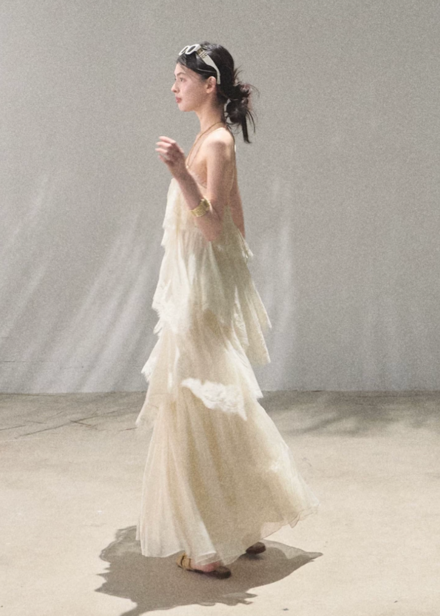 oakmoo dress, lace tiered dress, backless spaghetti strap dress, seaside vacation dress, lace maxi dress, korean fashion dress, romantic summer dress, ivory lace dress, brown lace dress, resort dress women, summer vacation outfit, layered lace dress, cake dress women, feminine summer dress