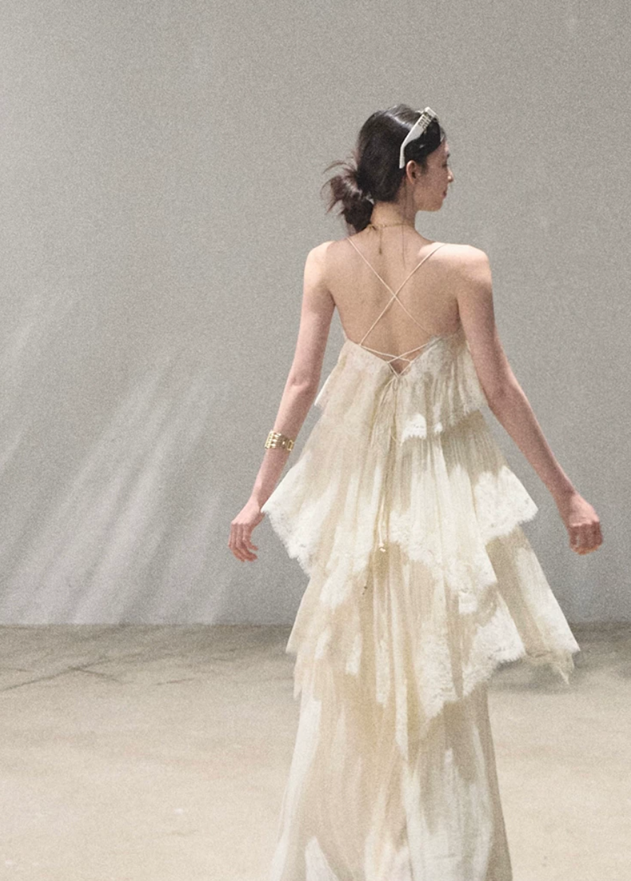 oakmoo dress, lace tiered dress, backless spaghetti strap dress, seaside vacation dress, lace maxi dress, korean fashion dress, romantic summer dress, ivory lace dress, brown lace dress, resort dress women, summer vacation outfit, layered lace dress, cake dress women, feminine summer dress