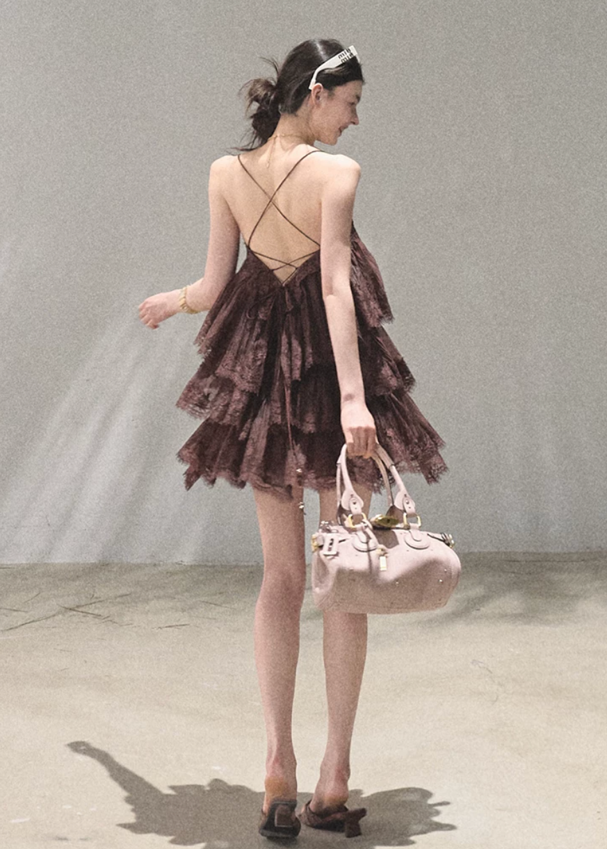 oakmoo dress, lace tiered dress, backless spaghetti strap dress, seaside vacation dress, lace maxi dress, korean fashion dress, romantic summer dress, ivory lace dress, brown lace dress, resort dress women, summer vacation outfit, layered lace dress, cake dress women, feminine summer dress