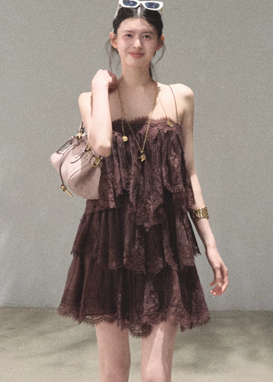 oakmoo dress, lace tiered dress, backless spaghetti strap dress, seaside vacation dress, lace maxi dress, korean fashion dress, romantic summer dress, ivory lace dress, brown lace dress, resort dress women, summer vacation outfit, layered lace dress, cake dress women, feminine summer dress