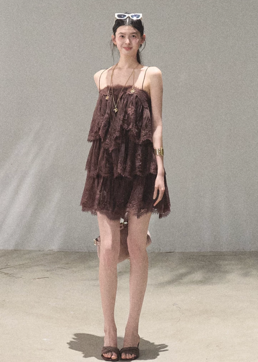 oakmoo dress, lace tiered dress, backless spaghetti strap dress, seaside vacation dress, lace maxi dress, korean fashion dress, romantic summer dress, ivory lace dress, brown lace dress, resort dress women, summer vacation outfit, layered lace dress, cake dress women, feminine summer dress