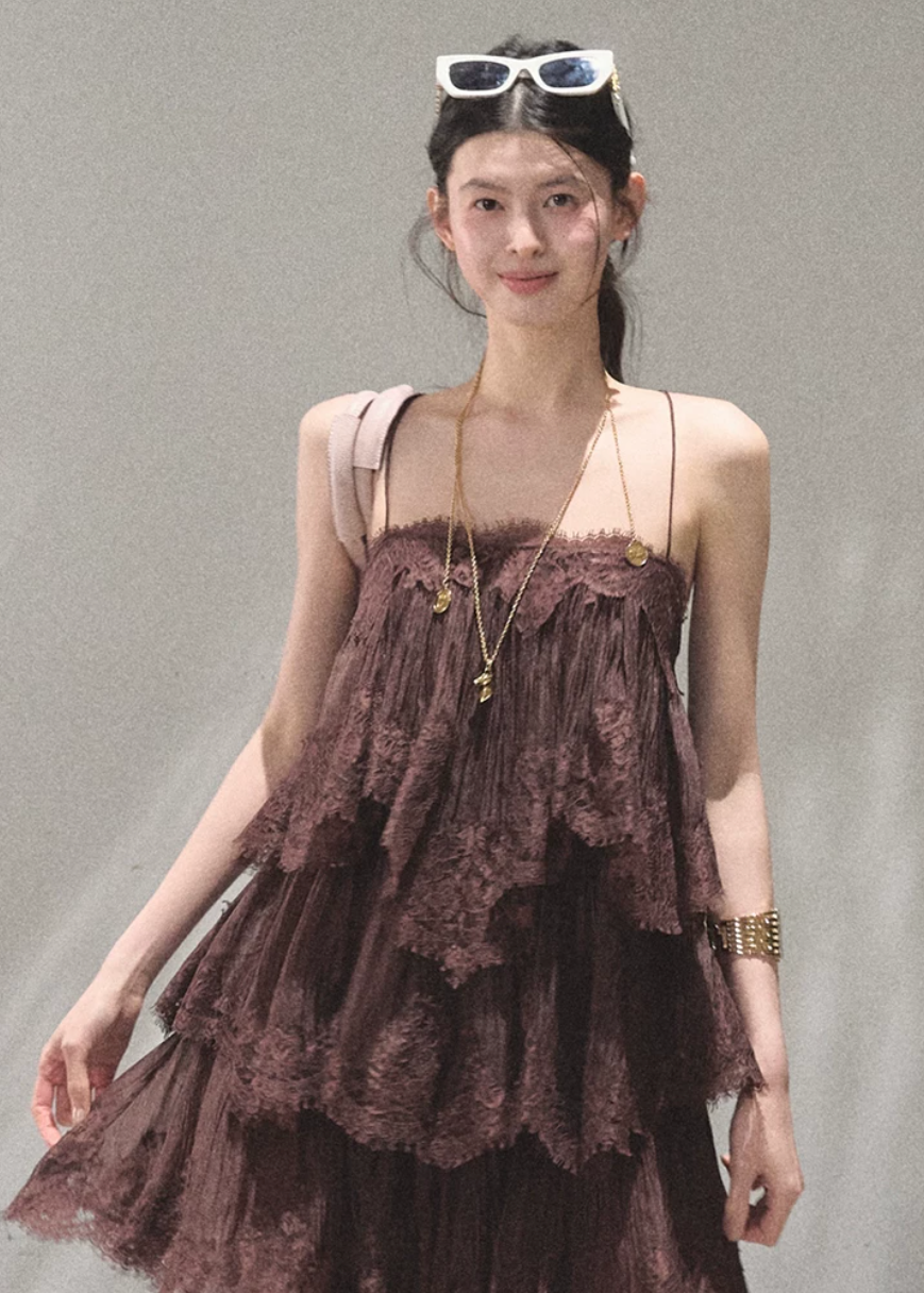 oakmoo dress, lace tiered dress, backless spaghetti strap dress, seaside vacation dress, lace maxi dress, korean fashion dress, romantic summer dress, ivory lace dress, brown lace dress, resort dress women, summer vacation outfit, layered lace dress, cake dress women, feminine summer dress