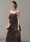 oakmoo dress, lace tiered dress, backless spaghetti strap dress, seaside vacation dress, lace maxi dress, korean fashion dress, romantic summer dress, ivory lace dress, brown lace dress, resort dress women, summer vacation outfit, layered lace dress, cake dress women, feminine summer dress