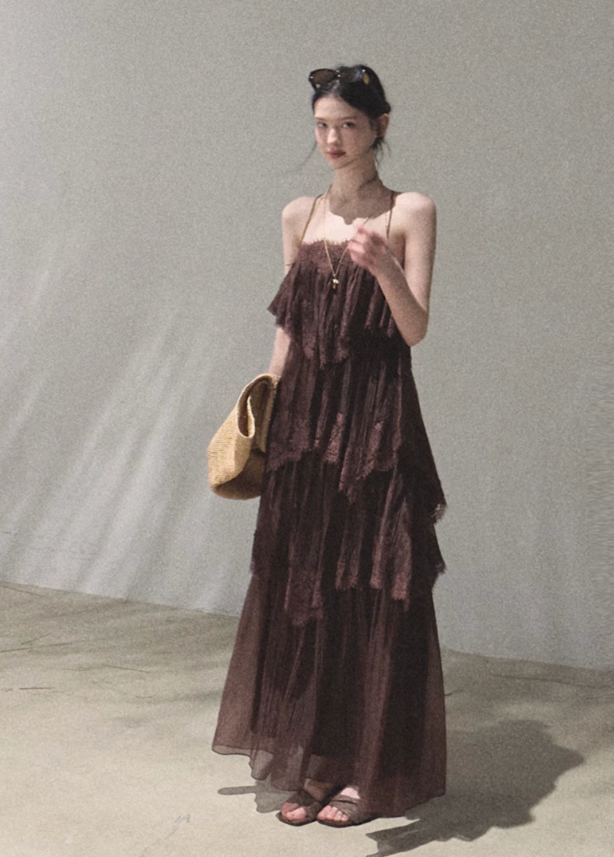 oakmoo dress, lace tiered dress, backless spaghetti strap dress, seaside vacation dress, lace maxi dress, korean fashion dress, romantic summer dress, ivory lace dress, brown lace dress, resort dress women, summer vacation outfit, layered lace dress, cake dress women, feminine summer dress
