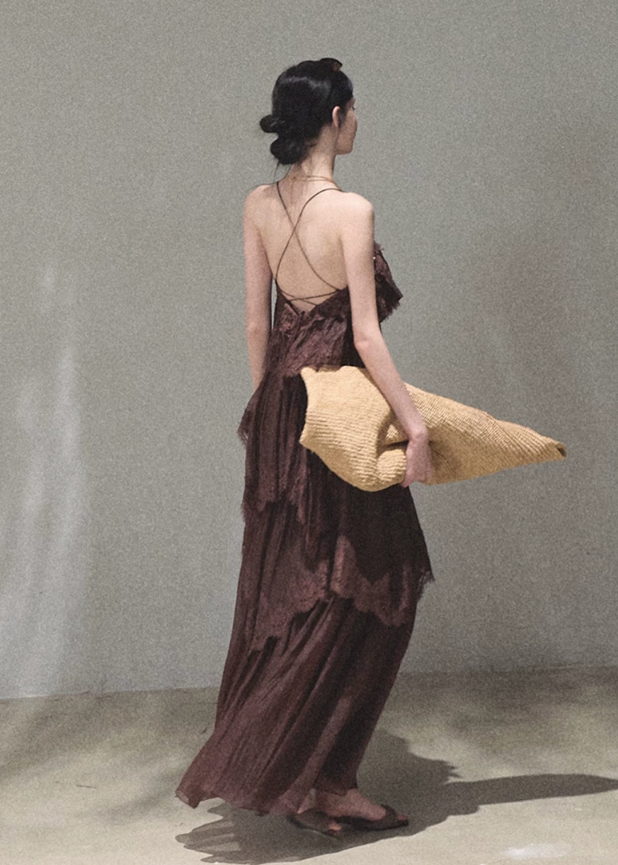 oakmoo dress, lace tiered dress, backless spaghetti strap dress, seaside vacation dress, lace maxi dress, korean fashion dress, romantic summer dress, ivory lace dress, brown lace dress, resort dress women, summer vacation outfit, layered lace dress, cake dress women, feminine summer dress