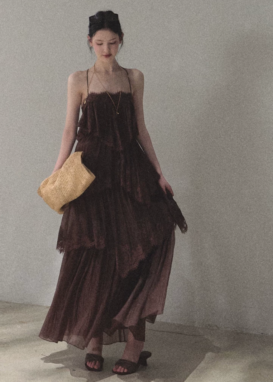 oakmoo dress, lace tiered dress, backless spaghetti strap dress, seaside vacation dress, lace maxi dress, korean fashion dress, romantic summer dress, ivory lace dress, brown lace dress, resort dress women, summer vacation outfit, layered lace dress, cake dress women, feminine summer dress