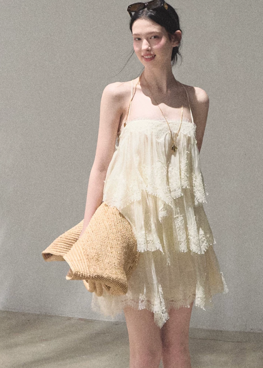 oakmoo dress, lace tiered dress, backless spaghetti strap dress, seaside vacation dress, lace maxi dress, korean fashion dress, romantic summer dress, ivory lace dress, brown lace dress, resort dress women, summer vacation outfit, layered lace dress, cake dress women, feminine summer dress