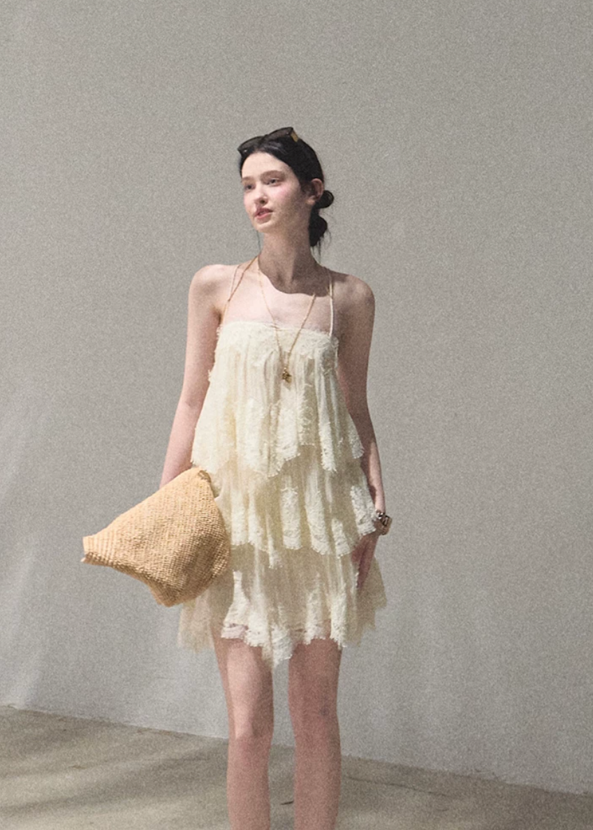 oakmoo dress, lace tiered dress, backless spaghetti strap dress, seaside vacation dress, lace maxi dress, korean fashion dress, romantic summer dress, ivory lace dress, brown lace dress, resort dress women, summer vacation outfit, layered lace dress, cake dress women, feminine summer dress