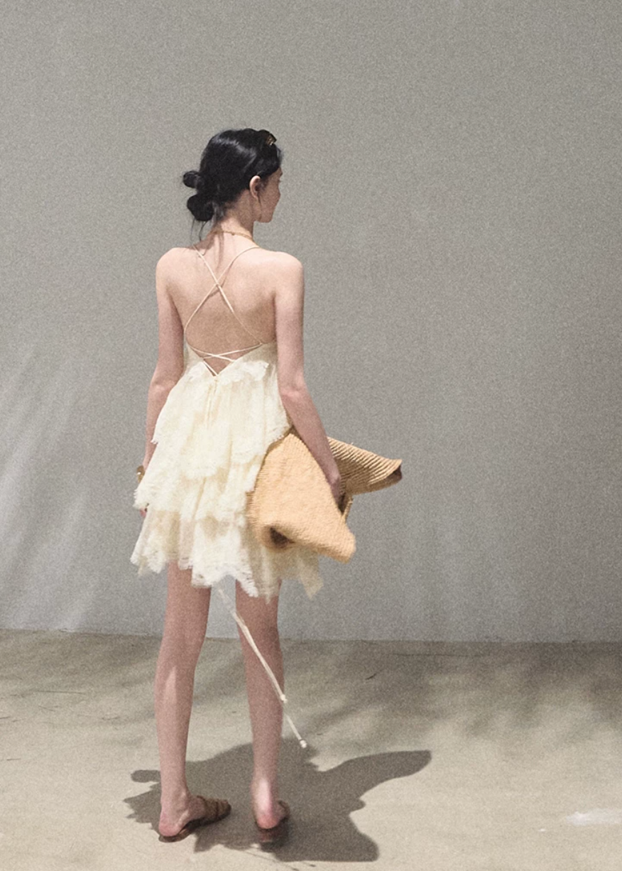 oakmoo dress, lace tiered dress, backless spaghetti strap dress, seaside vacation dress, lace maxi dress, korean fashion dress, romantic summer dress, ivory lace dress, brown lace dress, resort dress women, summer vacation outfit, layered lace dress, cake dress women, feminine summer dress