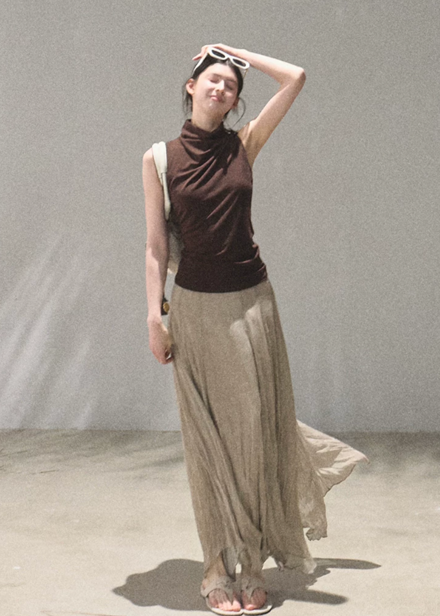 oakmoo top, halter neck top women, brown sleeveless top, lyocell acetate top, korean minimal fashion, waist cinching top, slim fit summer top, quiet luxury top, refined casual top, summer halter top, elegant sleeveless blouse, minimalist korean outfit