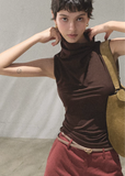 oakmoo top, halter neck top women, brown sleeveless top, lyocell acetate top, korean minimal fashion, waist cinching top, slim fit summer top, quiet luxury top, refined casual top, summer halter top, elegant sleeveless blouse, minimalist korean outfit
