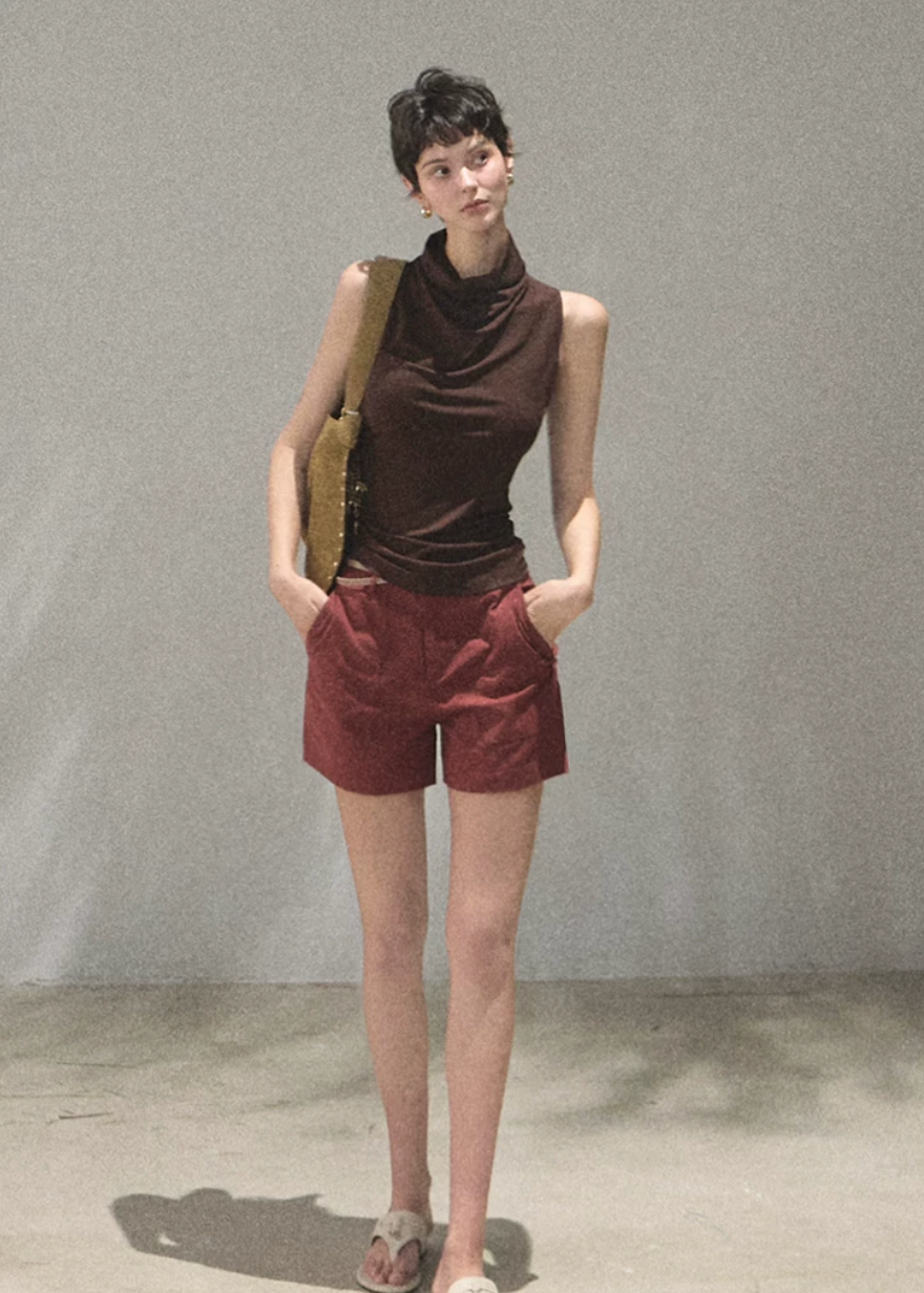 oakmoo top, halter neck top women, brown sleeveless top, lyocell acetate top, korean minimal fashion, waist cinching top, slim fit summer top, quiet luxury top, refined casual top, summer halter top, elegant sleeveless blouse, minimalist korean outfit