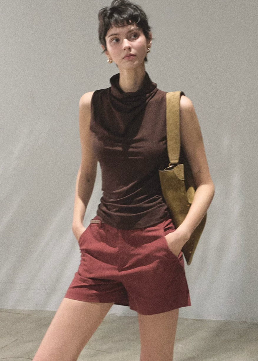 oakmoo top, halter neck top women, brown sleeveless top, lyocell acetate top, korean minimal fashion, waist cinching top, slim fit summer top, quiet luxury top, refined casual top, summer halter top, elegant sleeveless blouse, minimalist korean outfit