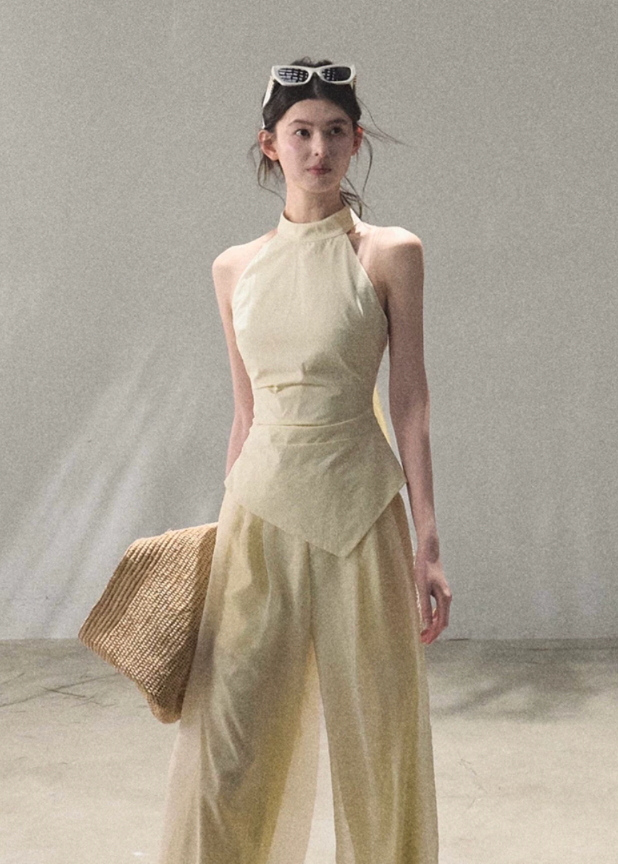 oakmoo top, ivory halter top, lyocell cotton top, korean minimal fashion, sleeveless summer top, waist cinching top, slim fit halter top, quiet luxury top, minimalist korean outfit, refined summer top, elegant casual top, breathable halter camisole