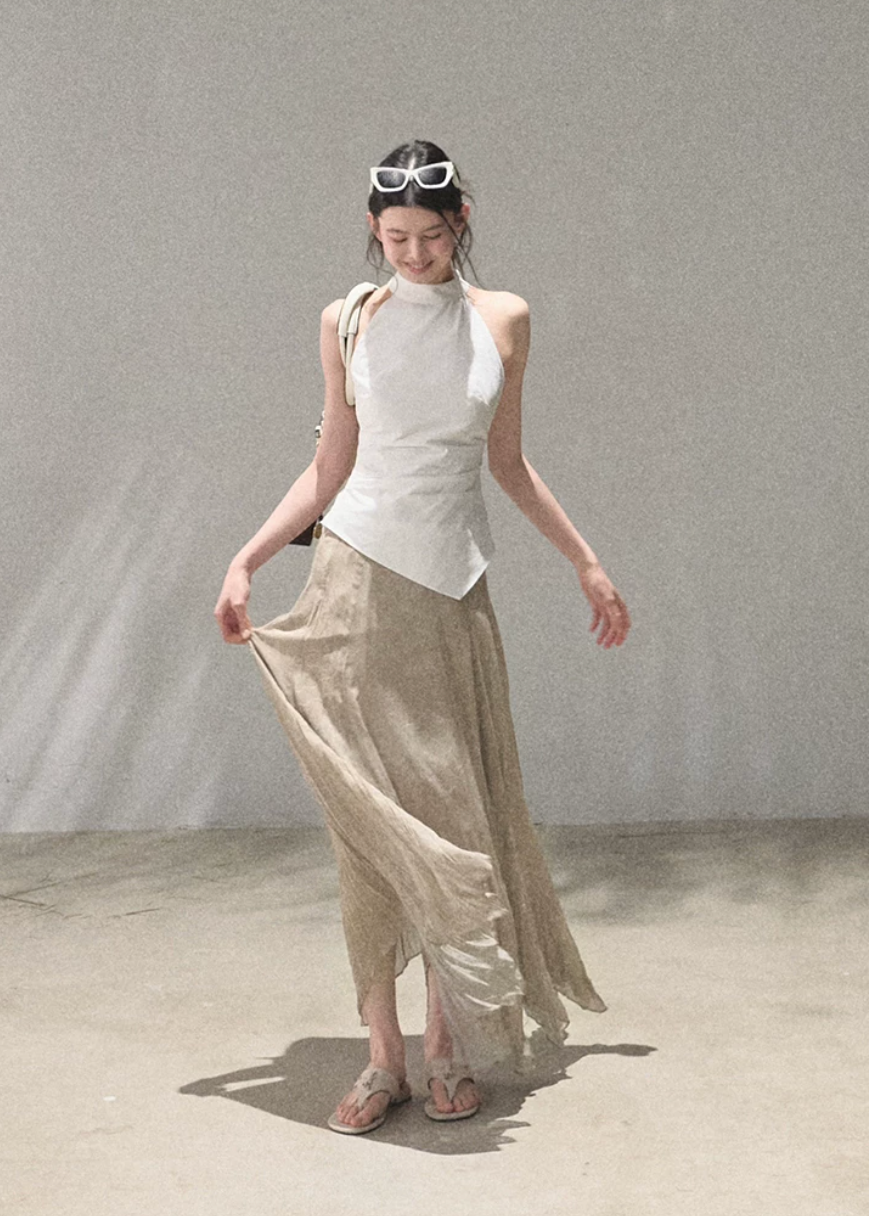 oakmoo top, ivory halter top, lyocell cotton top, korean minimal fashion, sleeveless summer top, waist cinching top, slim fit halter top, quiet luxury top, minimalist korean outfit, refined summer top, elegant casual top, breathable halter camisole