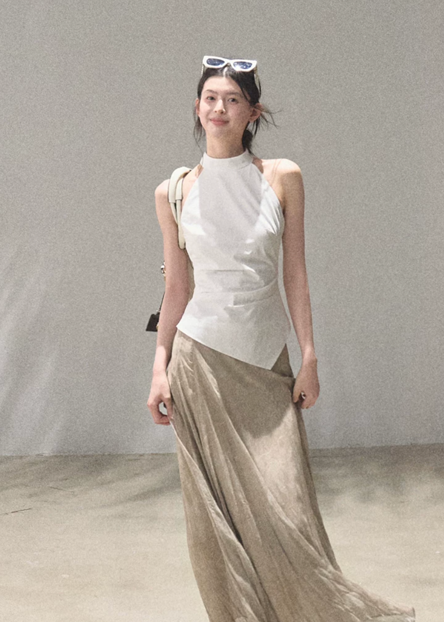 oakmoo top, ivory halter top, lyocell cotton top, korean minimal fashion, sleeveless summer top, waist cinching top, slim fit halter top, quiet luxury top, minimalist korean outfit, refined summer top, elegant casual top, breathable halter camisole