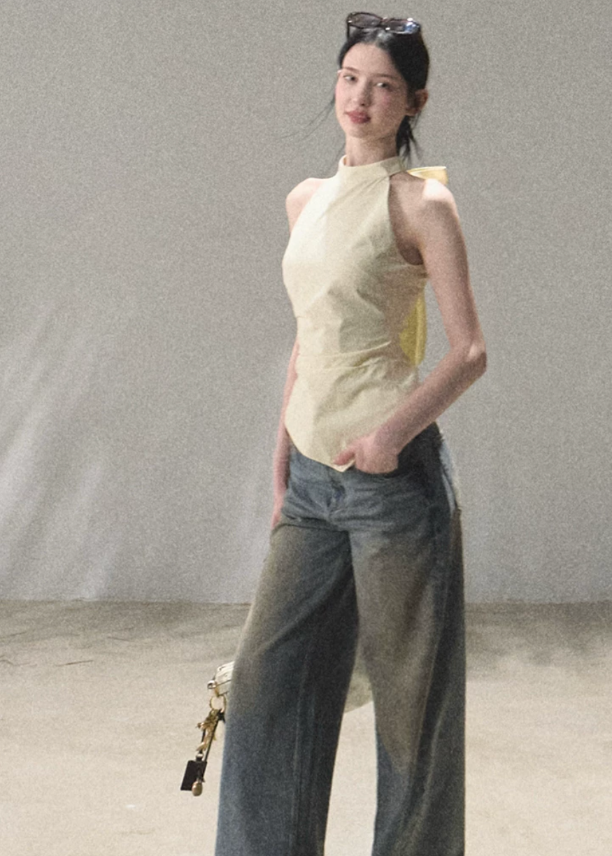 oakmoo top, ivory halter top, lyocell cotton top, korean minimal fashion, sleeveless summer top, waist cinching top, slim fit halter top, quiet luxury top, minimalist korean outfit, refined summer top, elegant casual top, breathable halter camisole