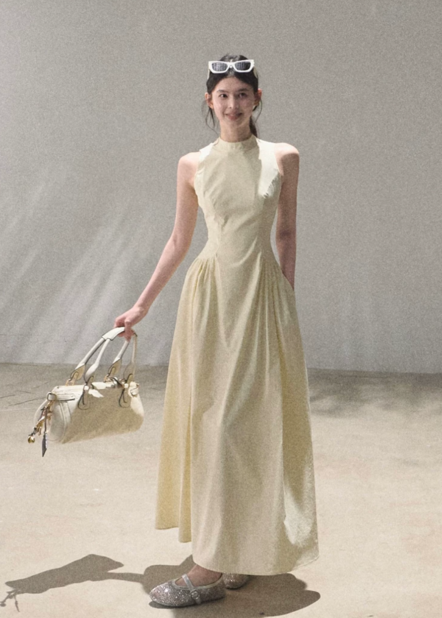 oakmoo dress, ivory halter dress, lyocell cotton dress, korean minimal dress, sleeveless summer dress, waist cinching dress, backless summer dress, quiet luxury dress, short halter dress, long halter dress, minimalist korean outfit, refined summer dress