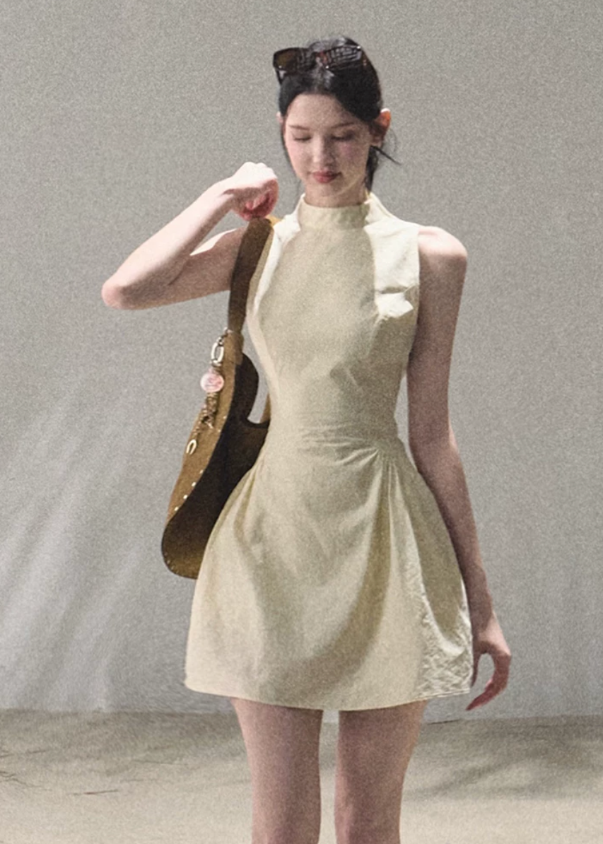 oakmoo dress, ivory halter dress, lyocell cotton dress, korean minimal dress, sleeveless summer dress, waist cinching dress, backless summer dress, quiet luxury dress, short halter dress, long halter dress, minimalist korean outfit, refined summer dress