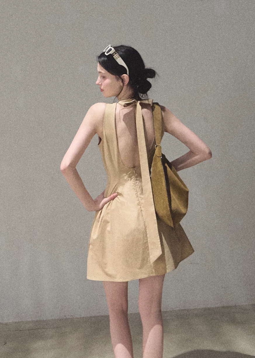 oakmoo dress, ivory halter dress, lyocell cotton dress, korean minimal dress, sleeveless summer dress, waist cinching dress, backless summer dress, quiet luxury dress, short halter dress, long halter dress, minimalist korean outfit, refined summer dress