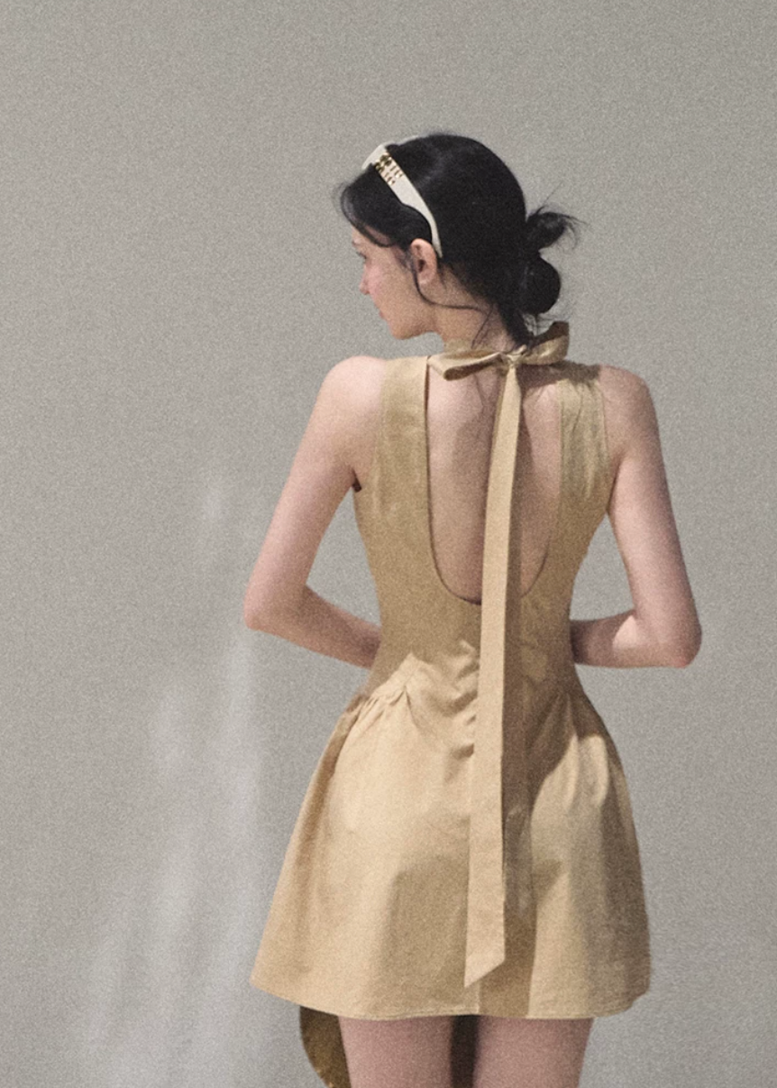 oakmoo dress, ivory halter dress, lyocell cotton dress, korean minimal dress, sleeveless summer dress, waist cinching dress, backless summer dress, quiet luxury dress, short halter dress, long halter dress, minimalist korean outfit, refined summer dress