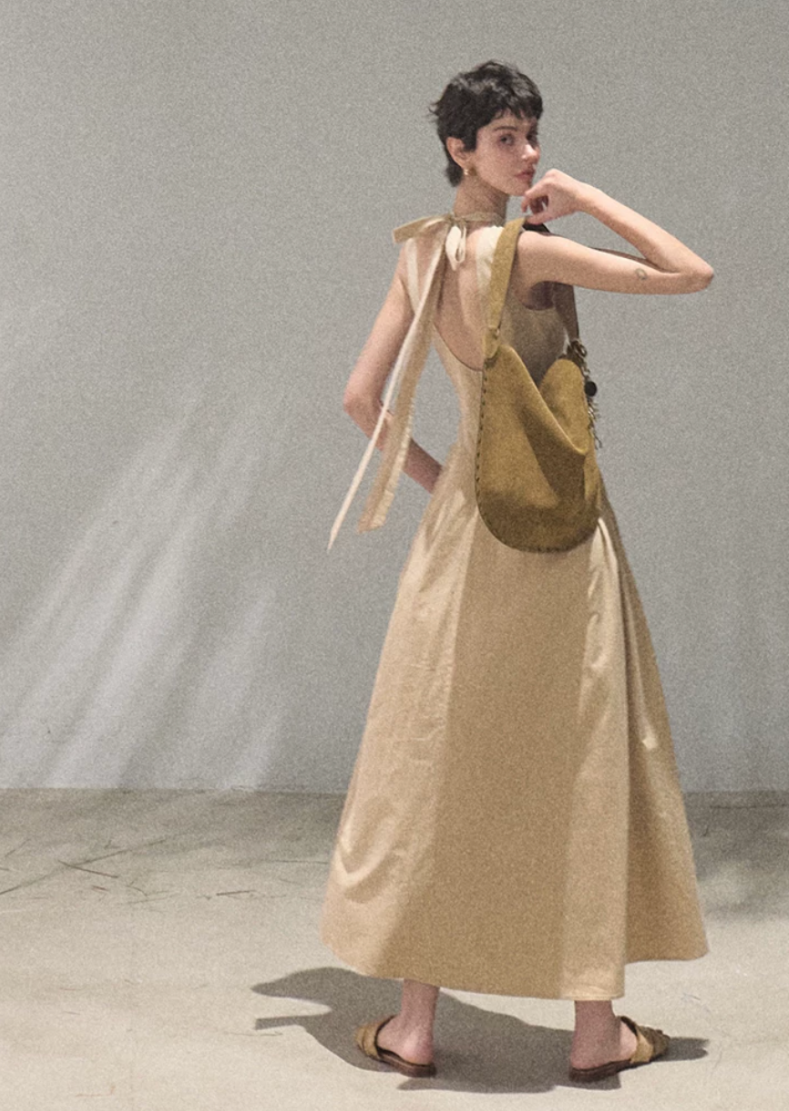 oakmoo dress, ivory halter dress, lyocell cotton dress, korean minimal dress, sleeveless summer dress, waist cinching dress, backless summer dress, quiet luxury dress, short halter dress, long halter dress, minimalist korean outfit, refined summer dress