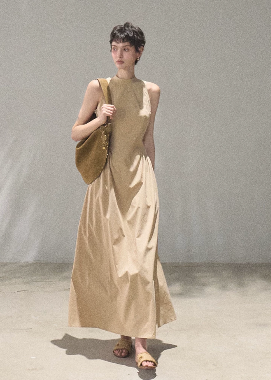 oakmoo dress, ivory halter dress, lyocell cotton dress, korean minimal dress, sleeveless summer dress, waist cinching dress, backless summer dress, quiet luxury dress, short halter dress, long halter dress, minimalist korean outfit, refined summer dress