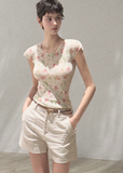 oakmoo top, floral linen top, korean minimal fashion, short sleeve summer top, slim fit floral t-shirt, linen blend top women, soft floral top, quiet luxury casual top, feminine summer top, korean summer outfit, breathable summer blouse, floral printed tee