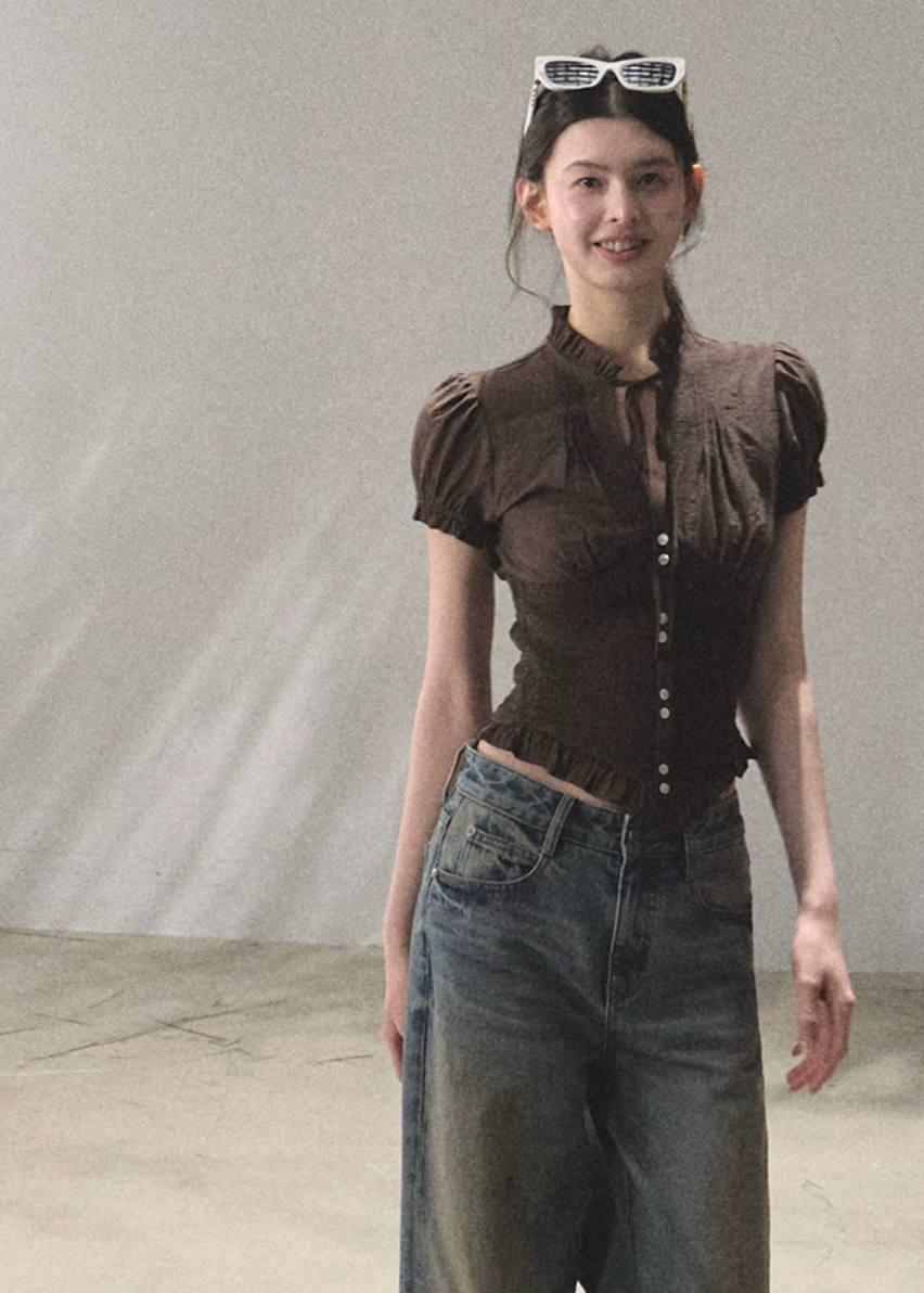 oakmoo top, v neck short sleeve shirt, retro summer blouse, korean minimal fashion, waist cinching shirt, textured summer top, puff sleeve blouse, soft vintage top, quiet luxury casual top, feminine summer shirt, refined casual outfit, korean summer top