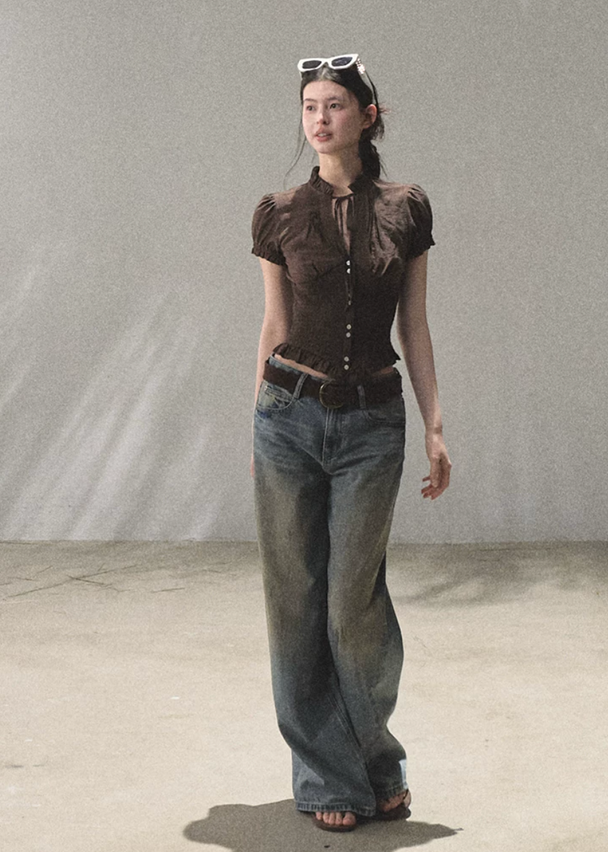 oakmoo top, v neck short sleeve shirt, retro summer blouse, korean minimal fashion, waist cinching shirt, textured summer top, puff sleeve blouse, soft vintage top, quiet luxury casual top, feminine summer shirt, refined casual outfit, korean summer top