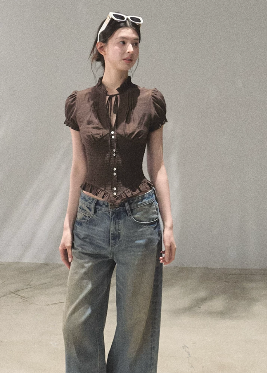 oakmoo top, v neck short sleeve shirt, retro summer blouse, korean minimal fashion, waist cinching shirt, textured summer top, puff sleeve blouse, soft vintage top, quiet luxury casual top, feminine summer shirt, refined casual outfit, korean summer top